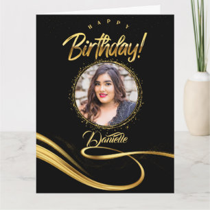 Black and gold custom photo elegant birthday card
