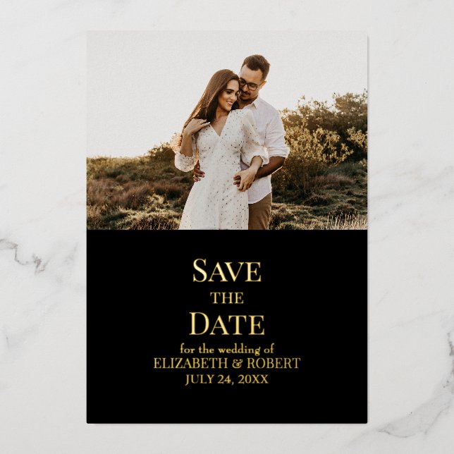 Black and Gold Custom Photo Save the Date Card (Front)