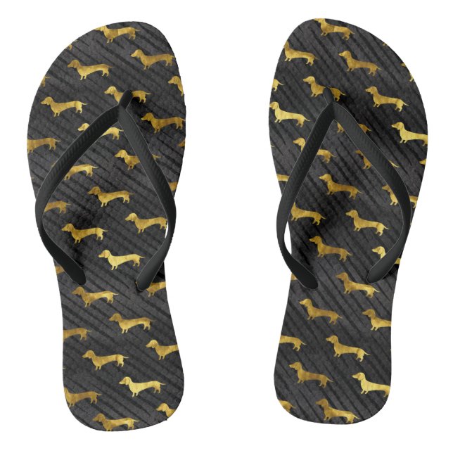 Black and Gold Dachshund Pattern Thongs (Footbed)