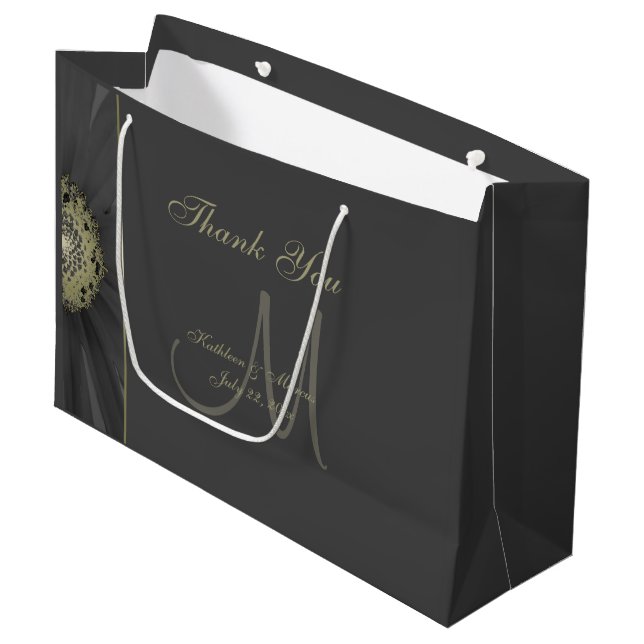 Black and Gold Daisy Monogram Thank You Large Gift Bag (Front Angled)