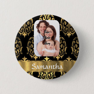 Black and gold damask 6 cm round badge