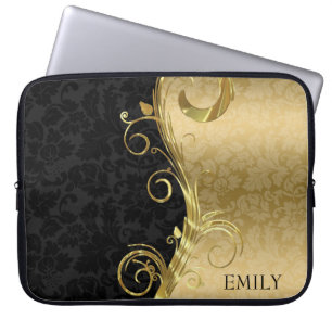 Black And Gold Damask And Swirls Laptop Sleeve