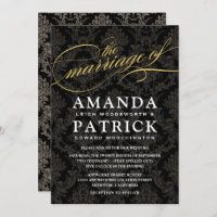 Black and Gold Damask Art Deco Wedding Invitations