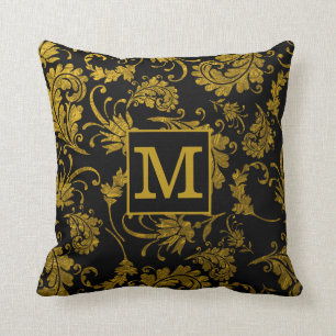 Black And Gold Damask Family Name Monogram Cushion