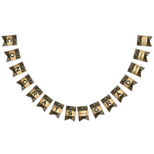 Black and Gold Damask fern Graduation party Bunting