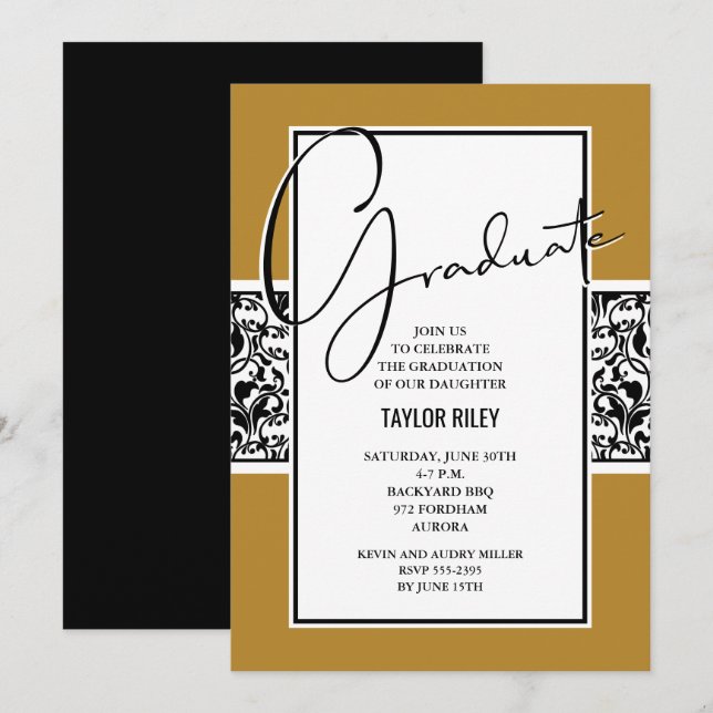 Black and Gold Damask Graduation Invitation (Front/Back)