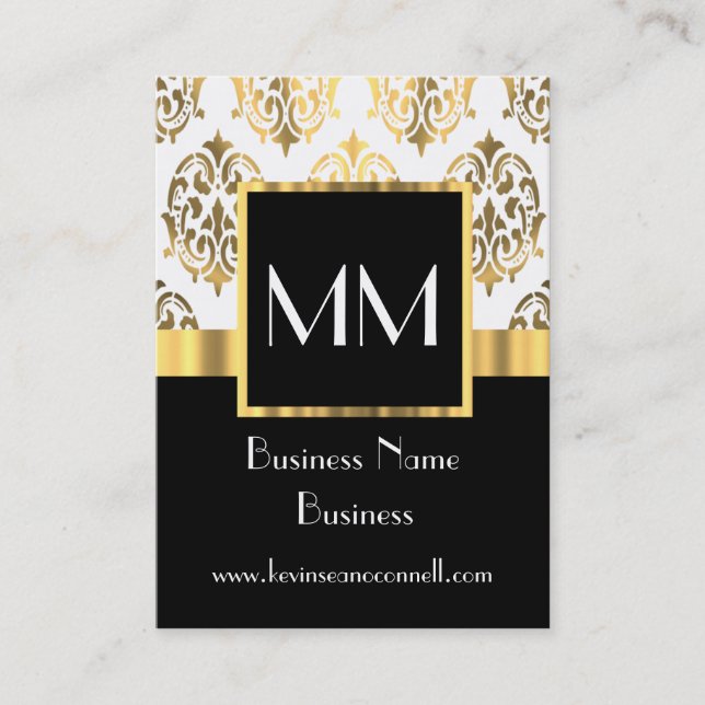 Black and gold damask monogram business card (Front)