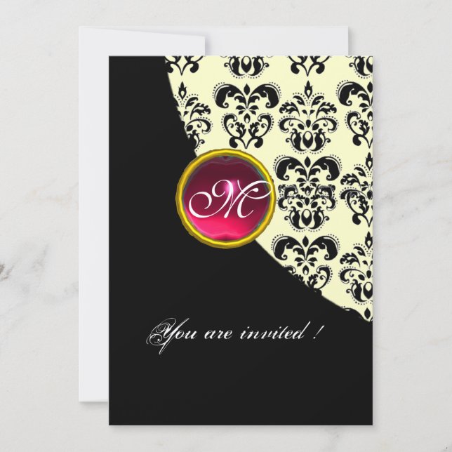 BLACK AND GOLD DAMASK MONOGRAM,red ruby,fuchsia Invitation (Front)