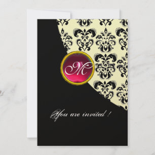 BLACK AND GOLD DAMASK MONOGRAM,red ruby,fuchsia Invitation