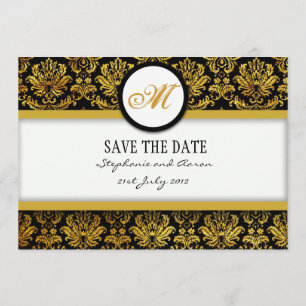 Black and Gold Damask Monogram Save The Date Card