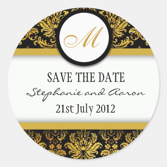 Black and Gold Damask Monogram Wedding Sticker (Front)
