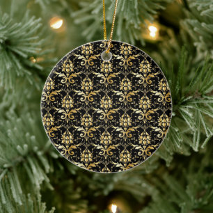Black and Gold Damask Pattern Ceramic Ornament