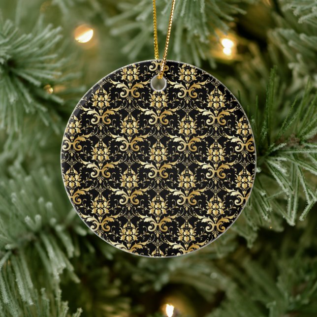 Black and Gold Damask Pattern Ceramic Ornament (Tree)