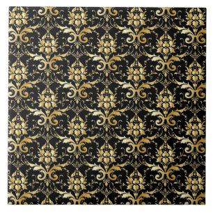 Black and Gold Damask Pattern Ceramic Tile