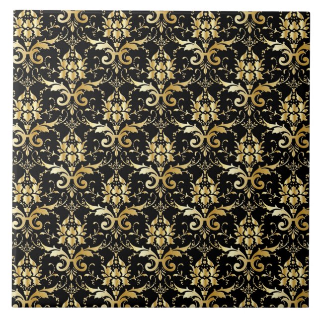 Black and Gold Damask Pattern Ceramic Tile (Front)