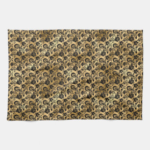 Black and Gold Damask Pattern Tea Towel