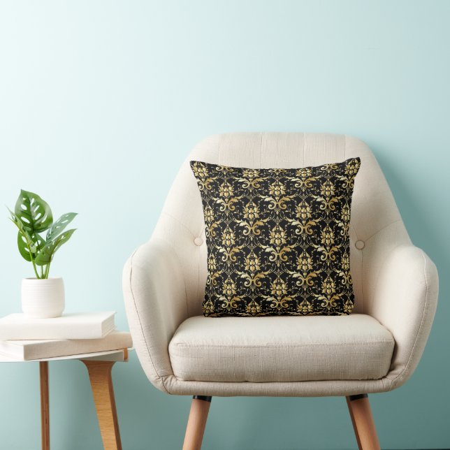 Black and Gold Damask Pattern Throw Pillow (Chair)
