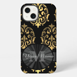 Black and gold damask personalised monogram iPhone case
