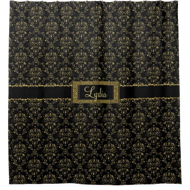 Black and Gold Damask Personalised Shower Curtain (Front)