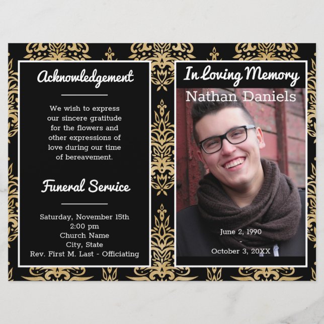 Black And Gold Damask Photo Funeral Program (Front)