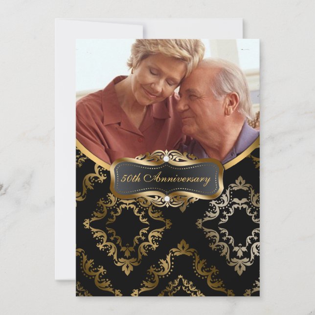 Black and Gold Damask Photo Invite (Front)