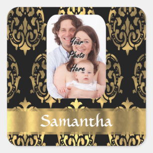 Black and gold damask square sticker