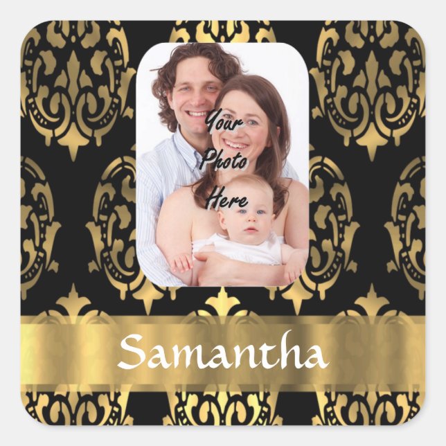 Black and gold damask square sticker (Front)