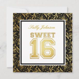 Black and Gold Damask Sweet Sixteen Birthday Invitation