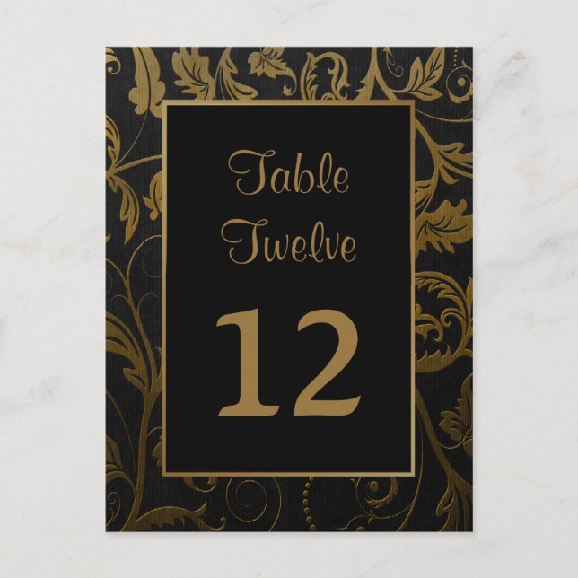 Black and Gold Damask Table Seating Number Postcard (Front)