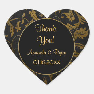 Black and Gold Damask - Thank You - Customise Heart Sticker
