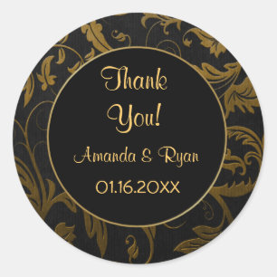 Black and Gold Damask - Thank You - Round Classic Round Sticker