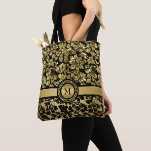 Black And Gold Damask Tote Bag
