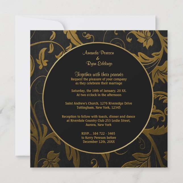 Black and Gold Damask Wedding Invitation -Square (Front)