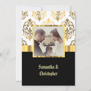 Black and gold damask wedding photo invitation