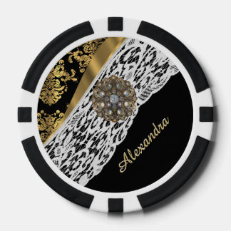 Black and gold damask white lace crystal poker chips