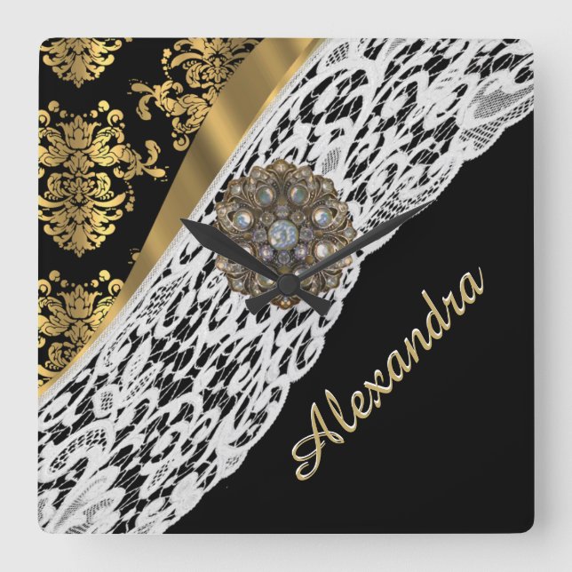 Black and gold damask white lace crystal square wall clock (Front)