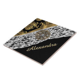 Black and gold damask white lace crystal tile