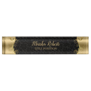 Black And Gold Damask With Swirls Nameplate
