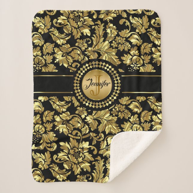 Black And Gold Damasks Monogram Sherpa Blanket (Front)
