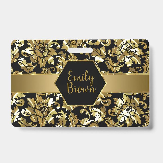 Black And Gold Damasks Pattern ID Badge (Front)