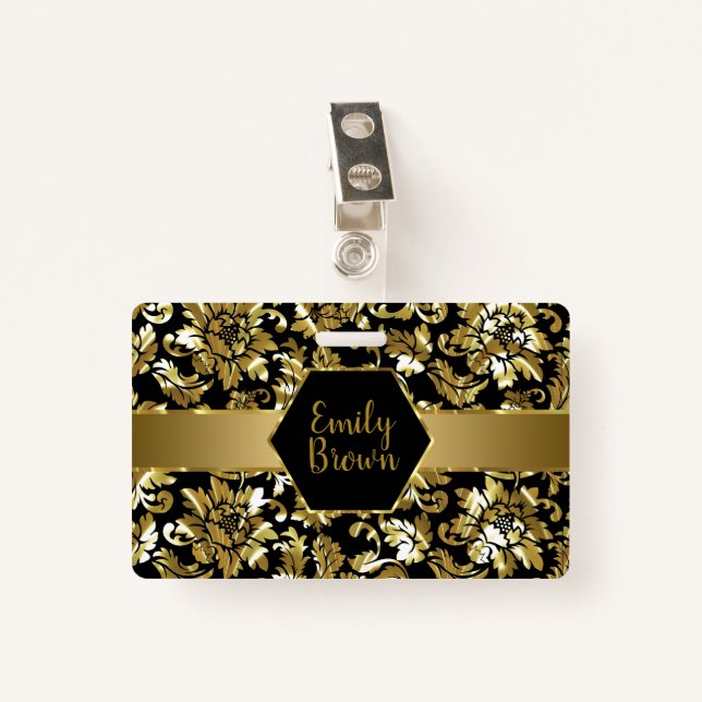 Black And Gold Damasks Pattern ID Badge (Front with Clip)