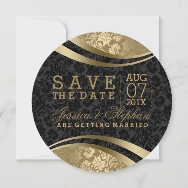 Black And Gold Damasks Swirls Save The Date (Front)