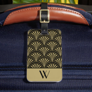 Black and Gold Deco Fan Monogrammed Luggage Tag