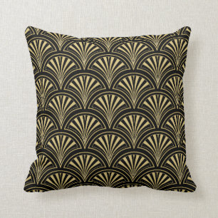 Black and Gold Deco Fan Pattern Cushion