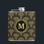 Black and Gold Deco Fans Monogram Hip Flask<br><div class="desc">A black and gold art deco fans pattern embellished with a matching monogram medallion makes a unique gift for friends, family, the bridal party and more. Customise with your desired initial by replacing the sample initial shown in the design template. To change the font or re-position the monogram if you...</div>