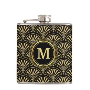 Black and Gold Deco Fans Monogram Hip Flask