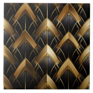 Black and Gold Deco, Zigzags and Lines Ceramic Tile