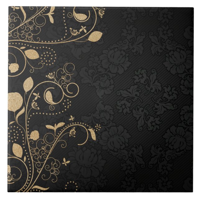 Black and Gold Decorative Pattern Ceramic Tile (Front)