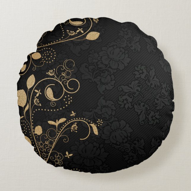 Black and Gold Decorative Pattern Round Cushion (Front)