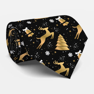 Black and Gold Deer Trees Stars Snowflakes Tie